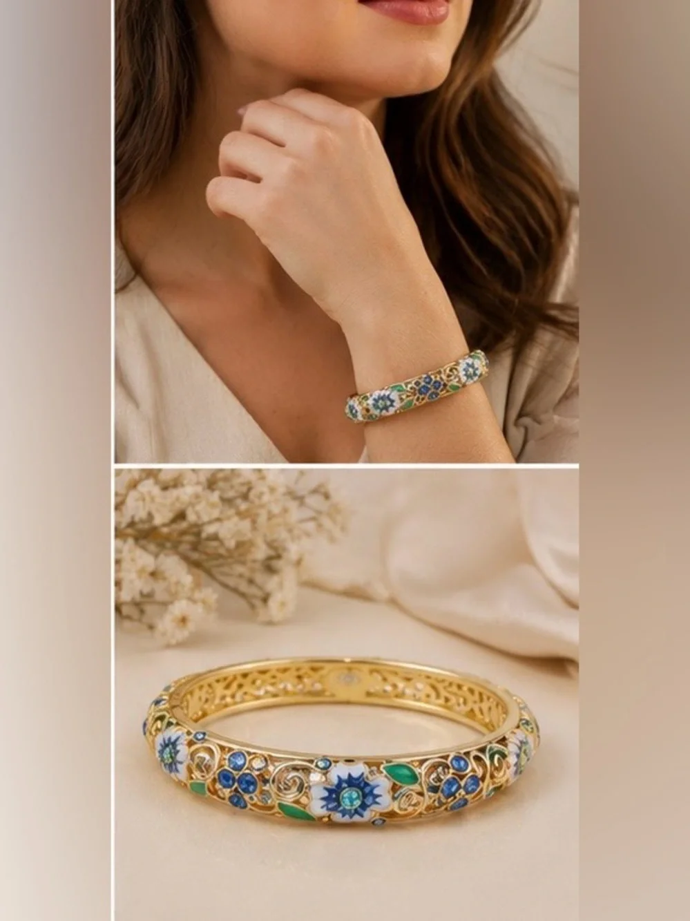 Cloisonne Floral Enamel Gold Bangle
